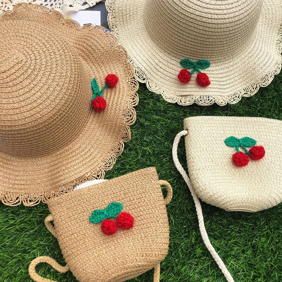 Wholesale Children Kids Girl Set Paper Straw Designer Custom Logo Hat Handbag