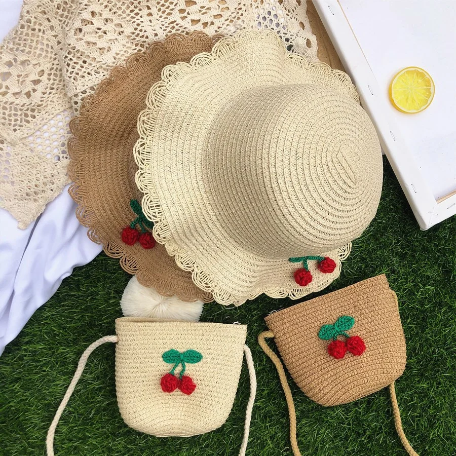 Wholesale Children Kids Girl Set Paper Straw Designer Custom Logo Hat Handbag
