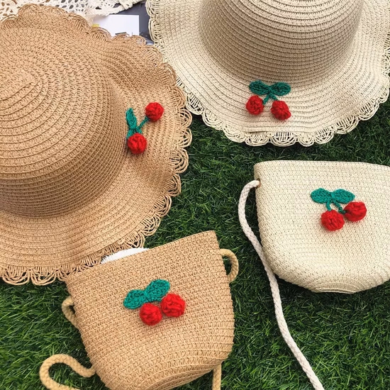 Wholesale Children Kids Girl Set Paper Straw Designer Custom Logo Hat Handbag