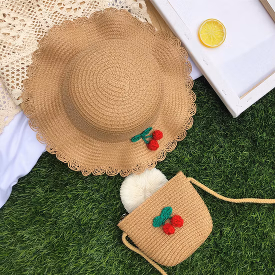 Wholesale Children Kids Girl Set Paper Straw Designer Custom Logo Hat Handbag